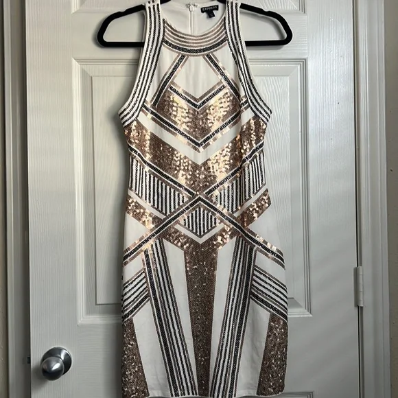 EXPRESS dress/ cream/ dress with black and gold spangle